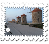 The well-known Rhodian windmills at Mandraki Port