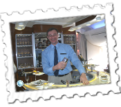 Frolicking behind the bar on the new Emirates A380 double-decker Airbus in February 2010